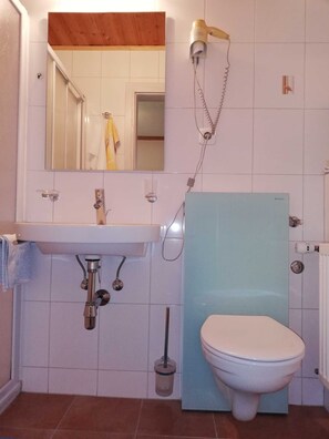 Un baño con un lavabo blanco, inodoro, ducha y espejo.