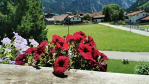 Ein Holzzaun mit roten und violetten Blumen im Vordergrund, eine grüne Rasenfläche und im Hintergrund Häuser mit roten Dächern.
