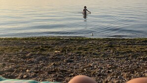 Une scène de plage avec une personne dans l’eau, une couverture et une côte rocheuse.
