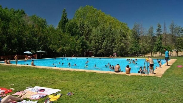 Ein Schwimmbecken, umgeben von Gras und Bäumen.