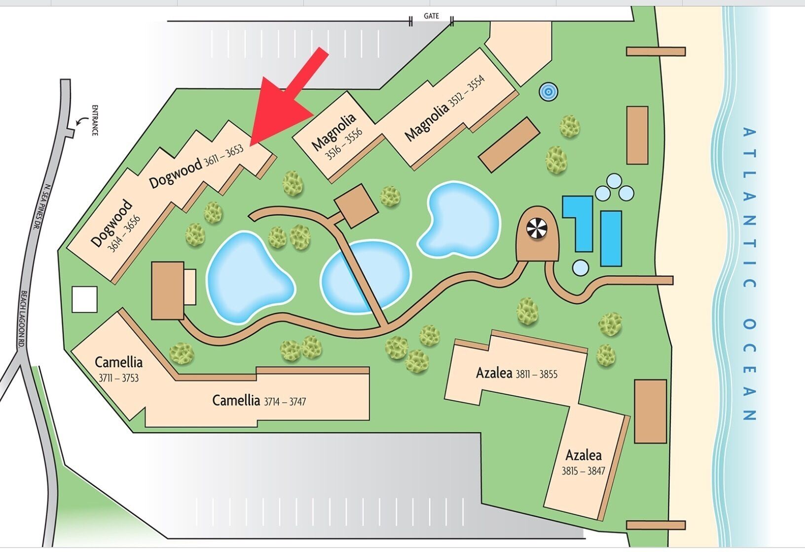 A resort layout with multiple villas named Magnolia, Dogwood, Camellia, and Azalea, connected by pathways and featuring pools and a beach area.
