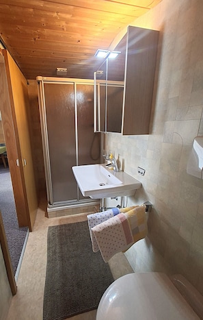 Une salle de bain avec douche, lavabo et toilettes, un plafond en bois et des murs carrelés.