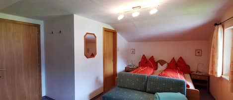 A bedroom with a bed, a sofa, a wooden door, a mirror, and a ceiling light fixture.
