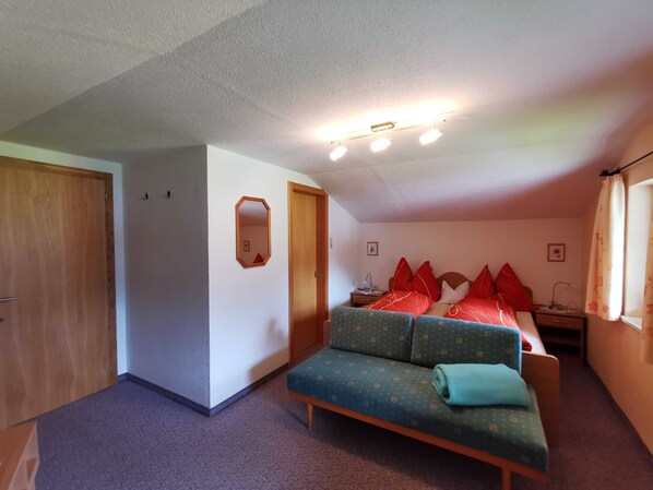 A bedroom with a bed, a sofa, a wooden door, a mirror, and a ceiling light fixture.