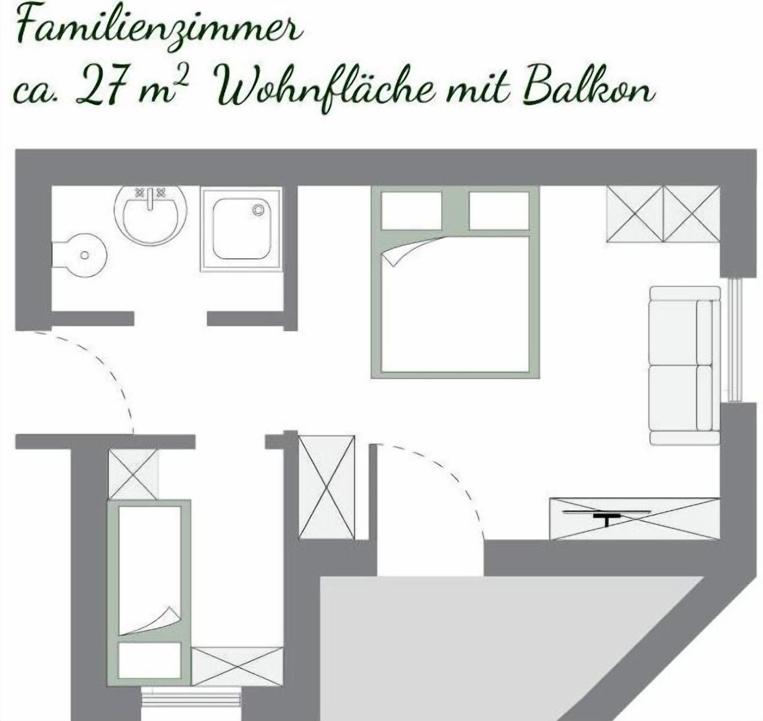 A family room layout with a balcony, including a kitchen, a bathroom, and a living area.