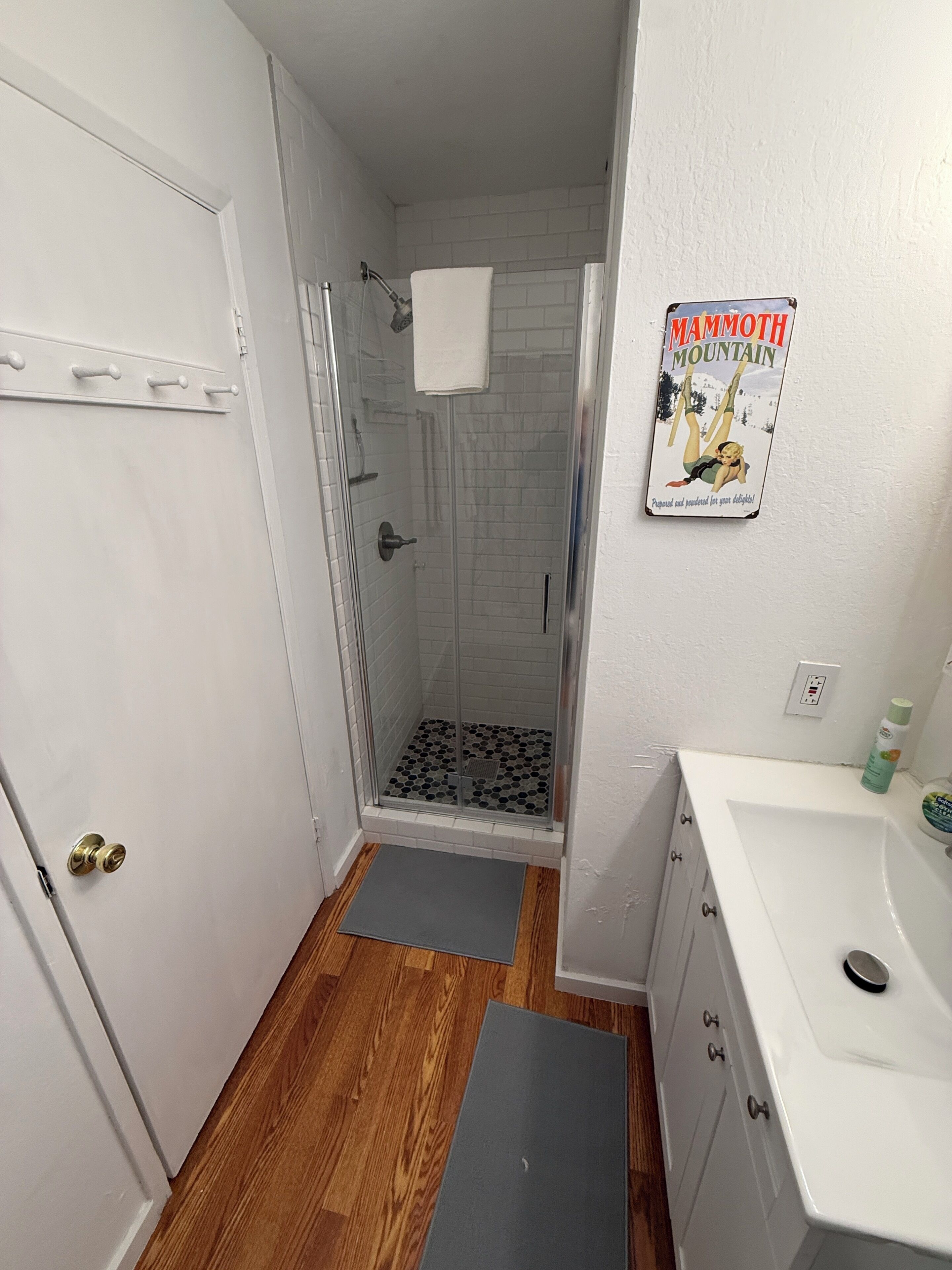 A narrow bathroom with a shower, a white sink, and a door with a brass handle.