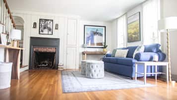 Televisión, chimenea, reproductor de DVD y libros