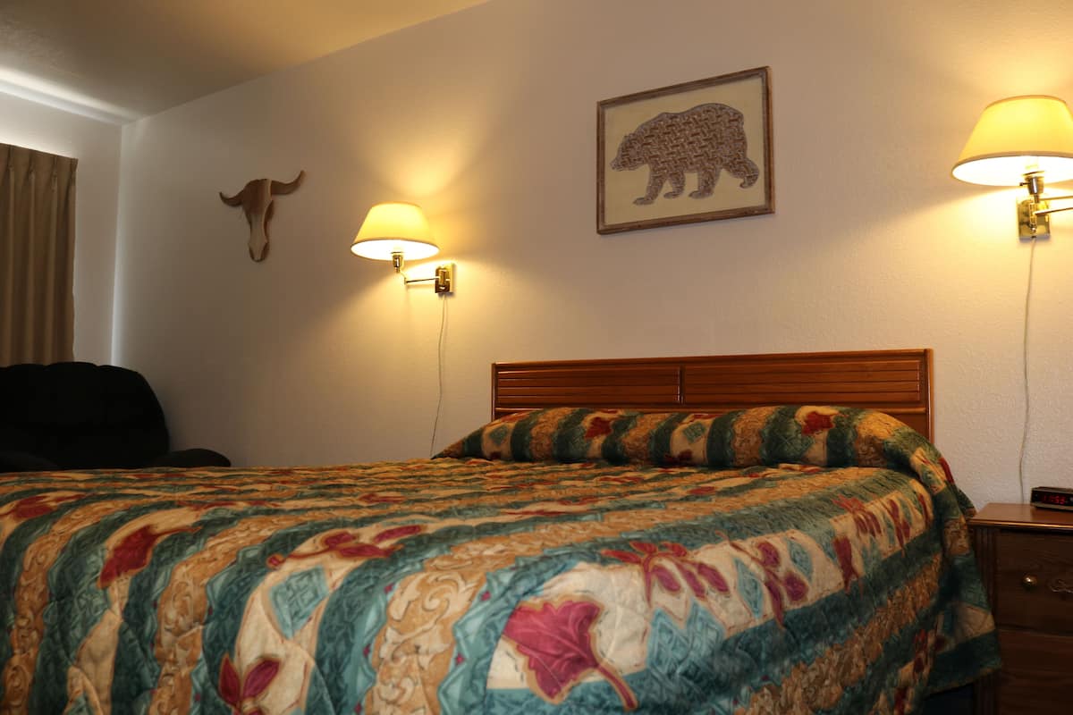 Klassieke eenpersoonskamer, 1 queensize bed, koelkast & magnetron, uitzicht op bergen | Een bureau, een laptopwerkplek, verduisterende gordijnen