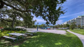 A grassy area with picnic tables and a parking lot with cars.