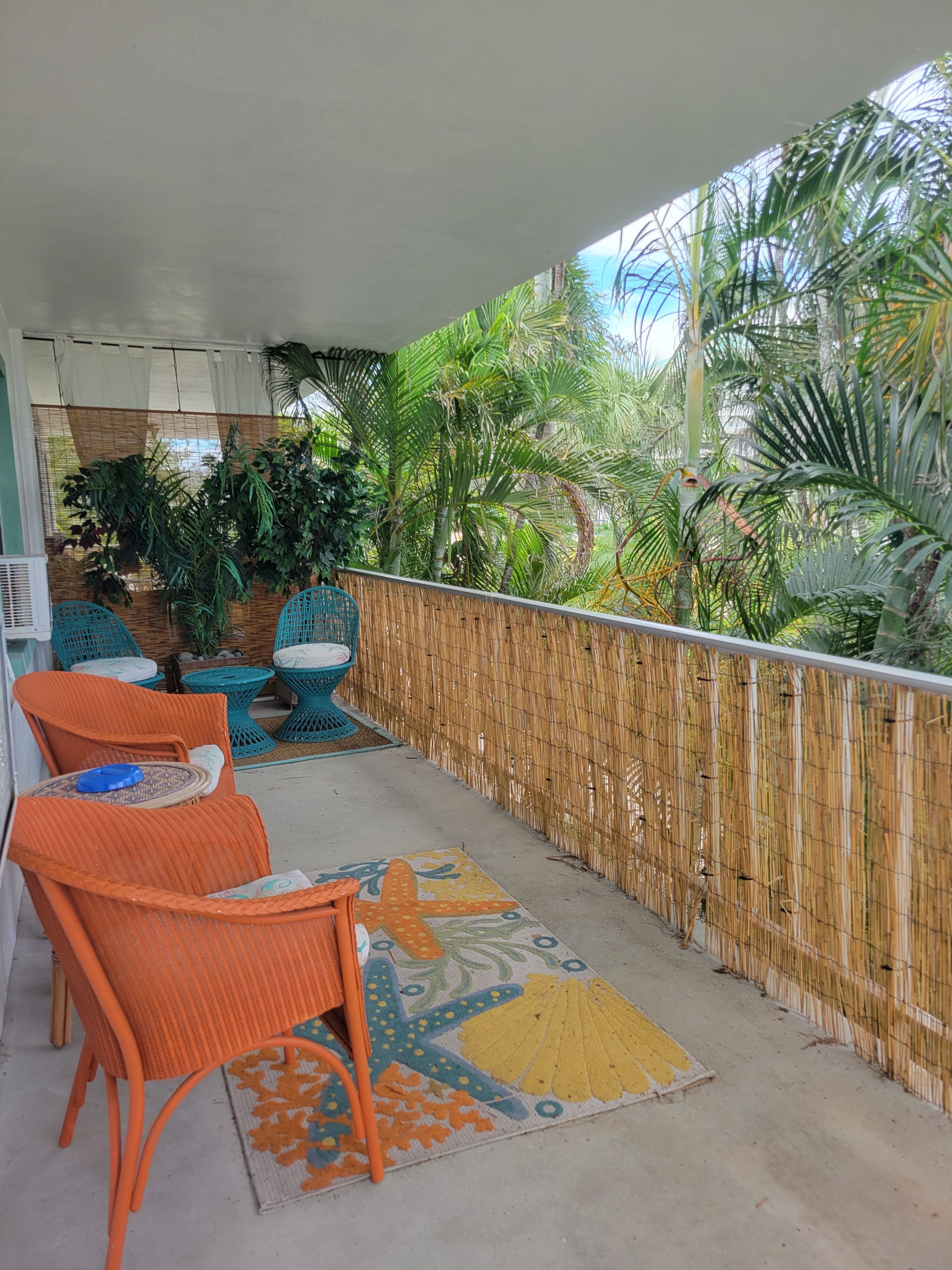 A balcony with wicker furniture, a decorative rug, and lush tropical plants.
