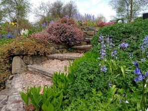 A garden with a stone staircase surrounded by various plants and flowers.
