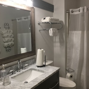 Ensemble douche/baignoire, sèche-cheveux, serviettes fournies, savon