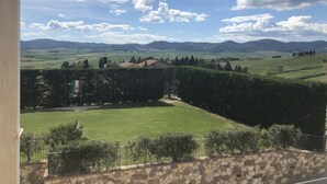 A balcony with a stone wall and metal railing overlooking a green field and distant hills. - Cottage  (Orciano pisano)