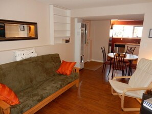 Televisión de pantalla plana, chimenea, reproductor de DVD y estéreo 