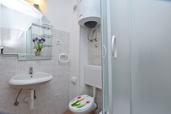 A bathroom with a white sink, a glass shower enclosure, and a toilet with a floral seat cover. - Apartments Ana (Omis)