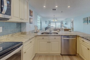 Fridge, microwave, dishwasher, coffee/tea maker