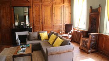 TV, lareira, DVD player, livros