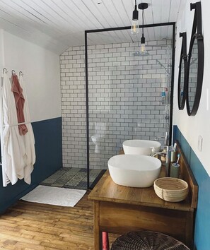 Shower, hair dryer, towels