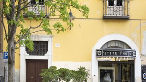 A yellow building with a 'PETITE PHOTO' sign, a large potted plant, and a tree in front.