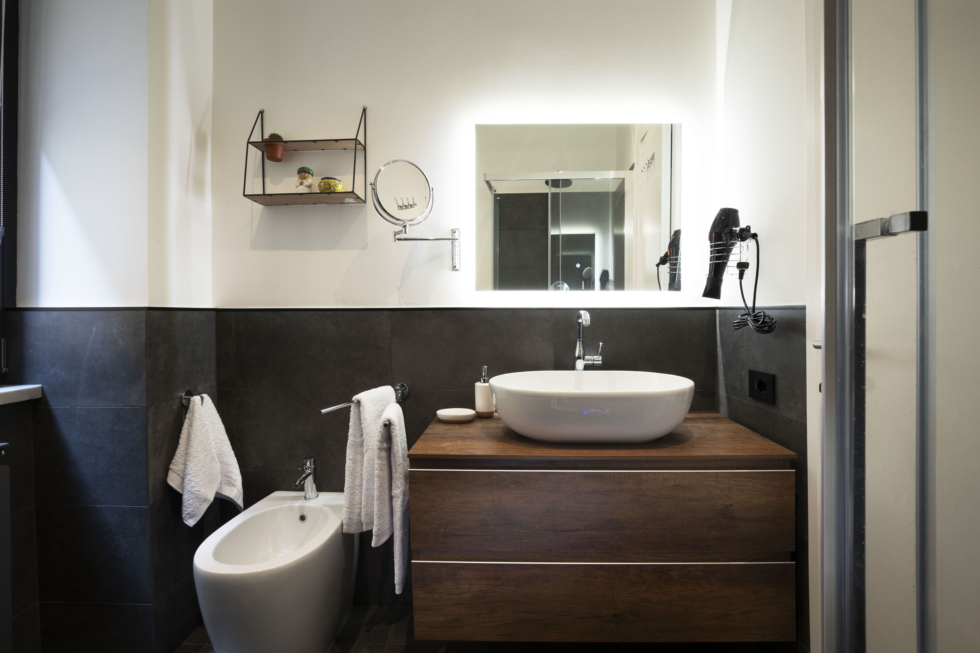 Regadera, secadora de cabello, bidet, toallas 