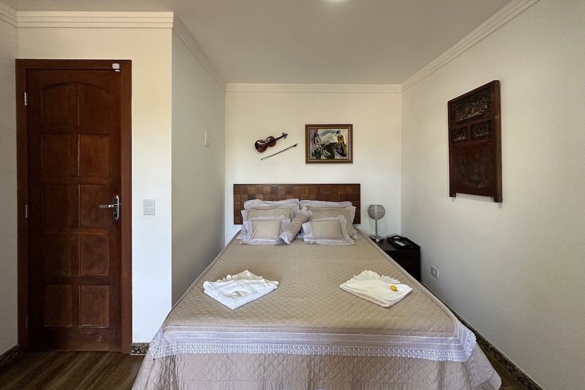 A bedroom with a wooden door, a bed with a quilted cover, two pillows, a violin, and a framed picture on the wall.