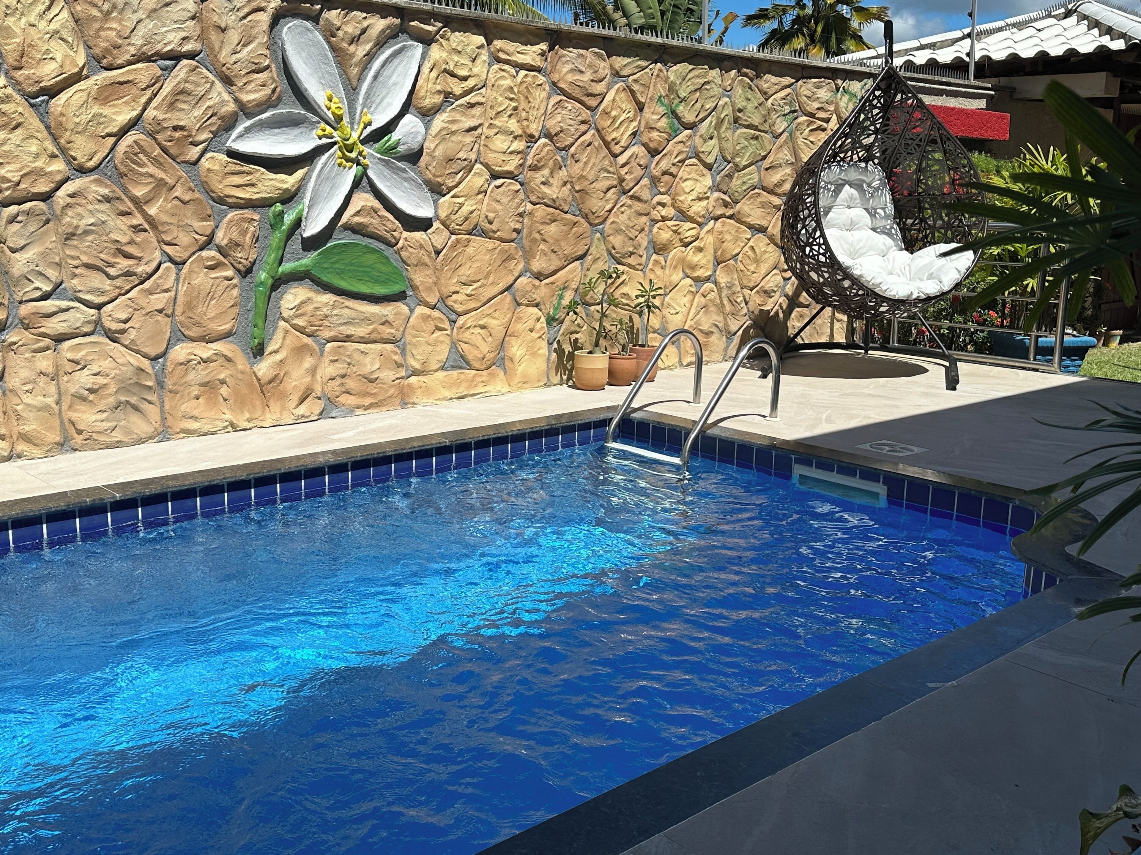 A swimming pool with a stone wall and a large flower mural.