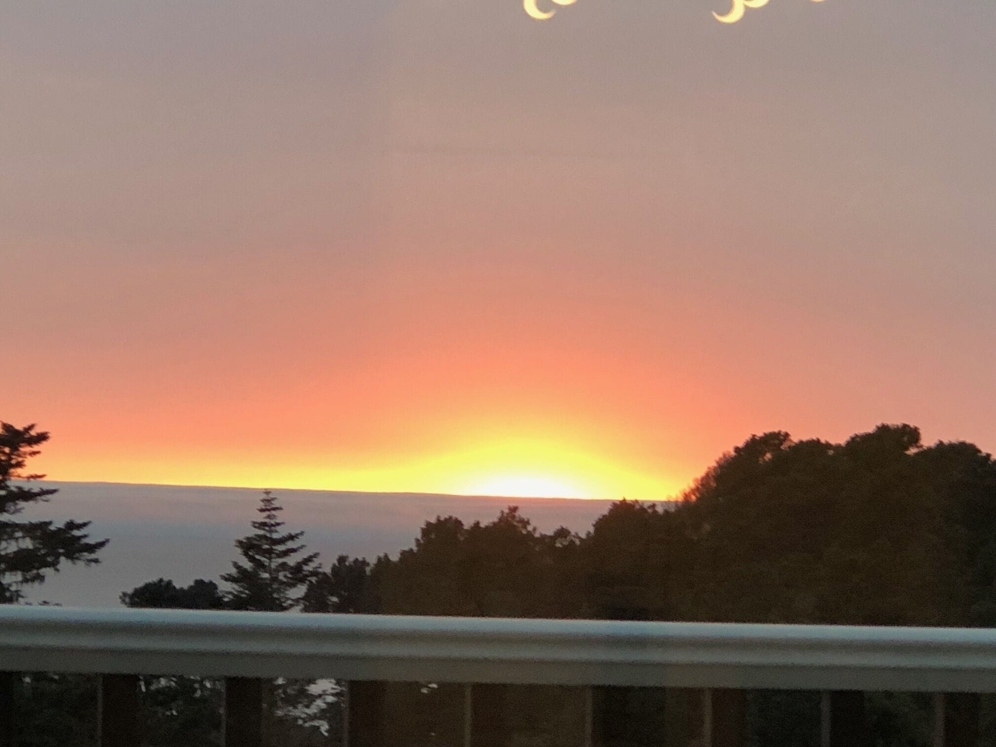 Atardecer sobre un paisaje boscoso con cielo despejado.
