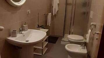 Shower, hair dryer, bidet, towels