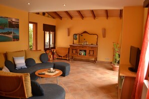 Smart-TV, Kamin, Bücher, Musikbibliothek