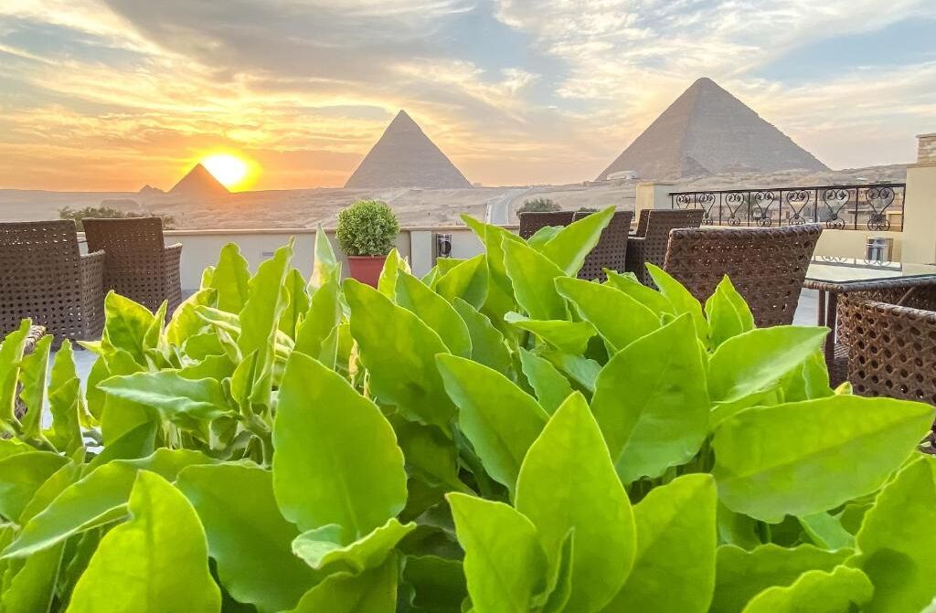 Terraço no telhado com plantas verdejantes, móveis de vime e vista para as pirâmides ao pôr do sol.