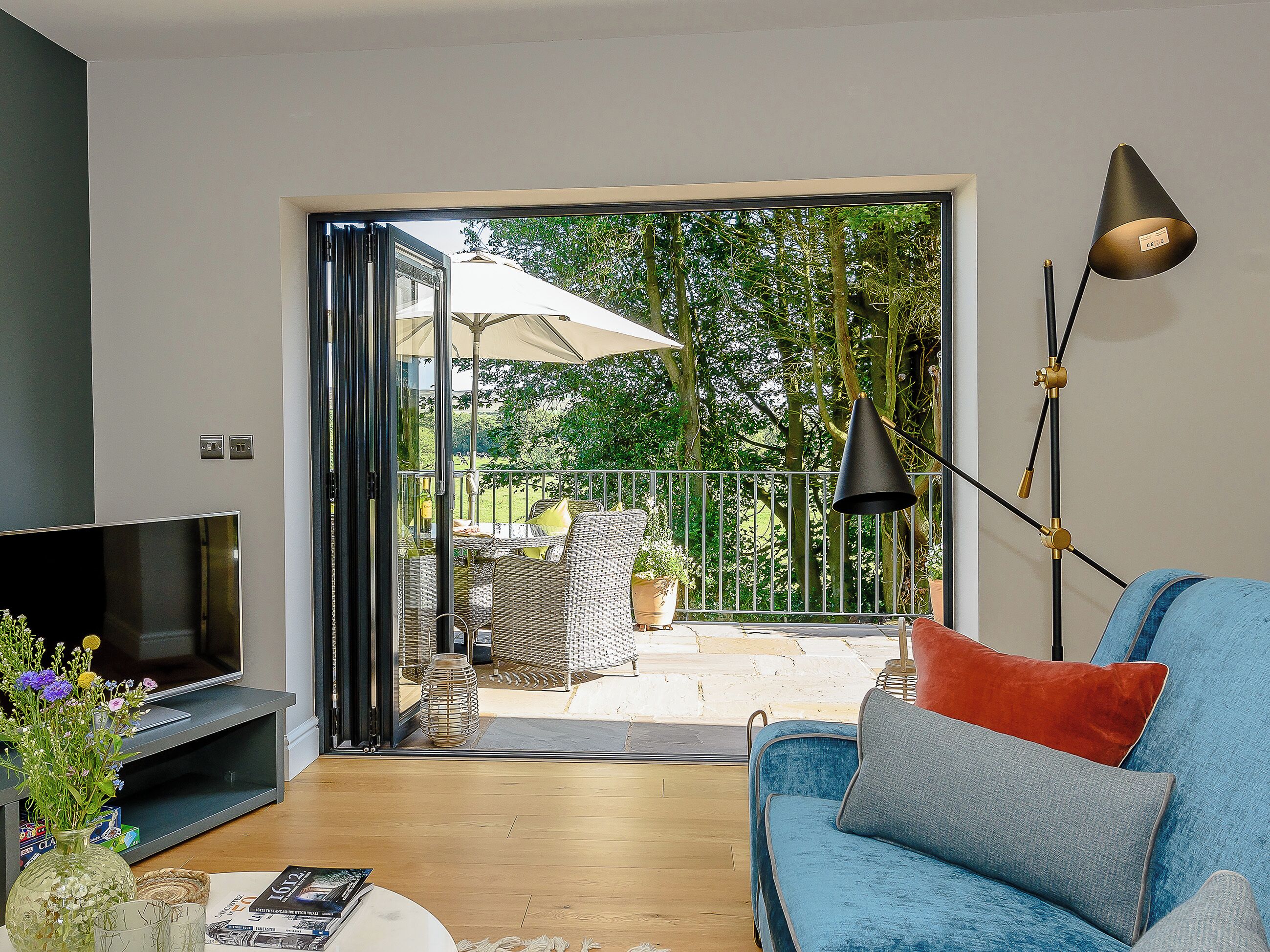Flat-screen TV, fireplace, books