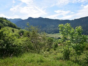 Eine bergige Landschaft mit üppiger Vegetation und blauem Himmel.