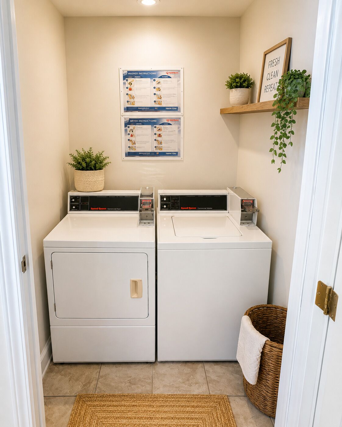 A laundry room with two washing machines, a dryer, a wall-mounted instruction poster, a shelf with plants, and a wicker basket.