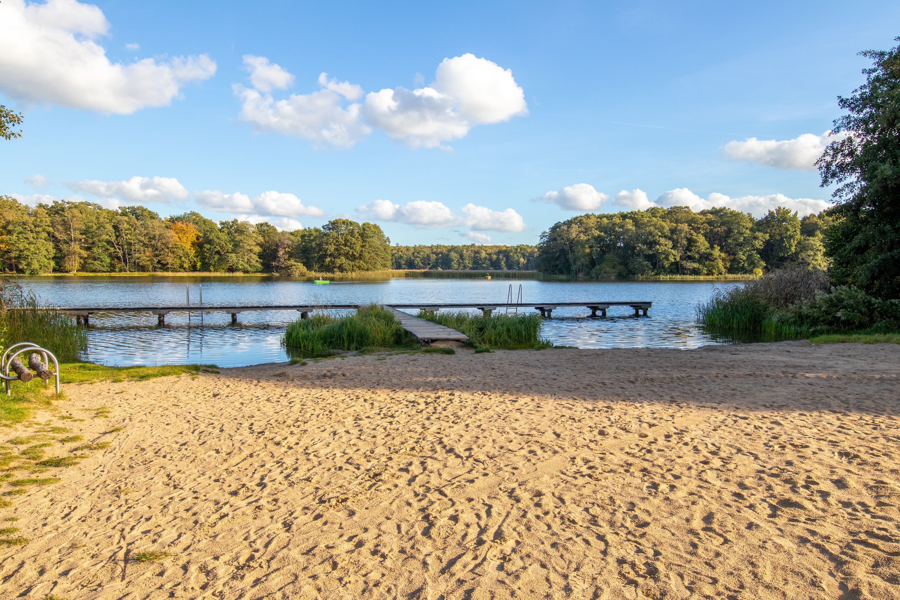 Ein Sandstrand mit einer Anlegestelle, die in einen ruhigen See führt, umgeben von dichtem Baumbestand.