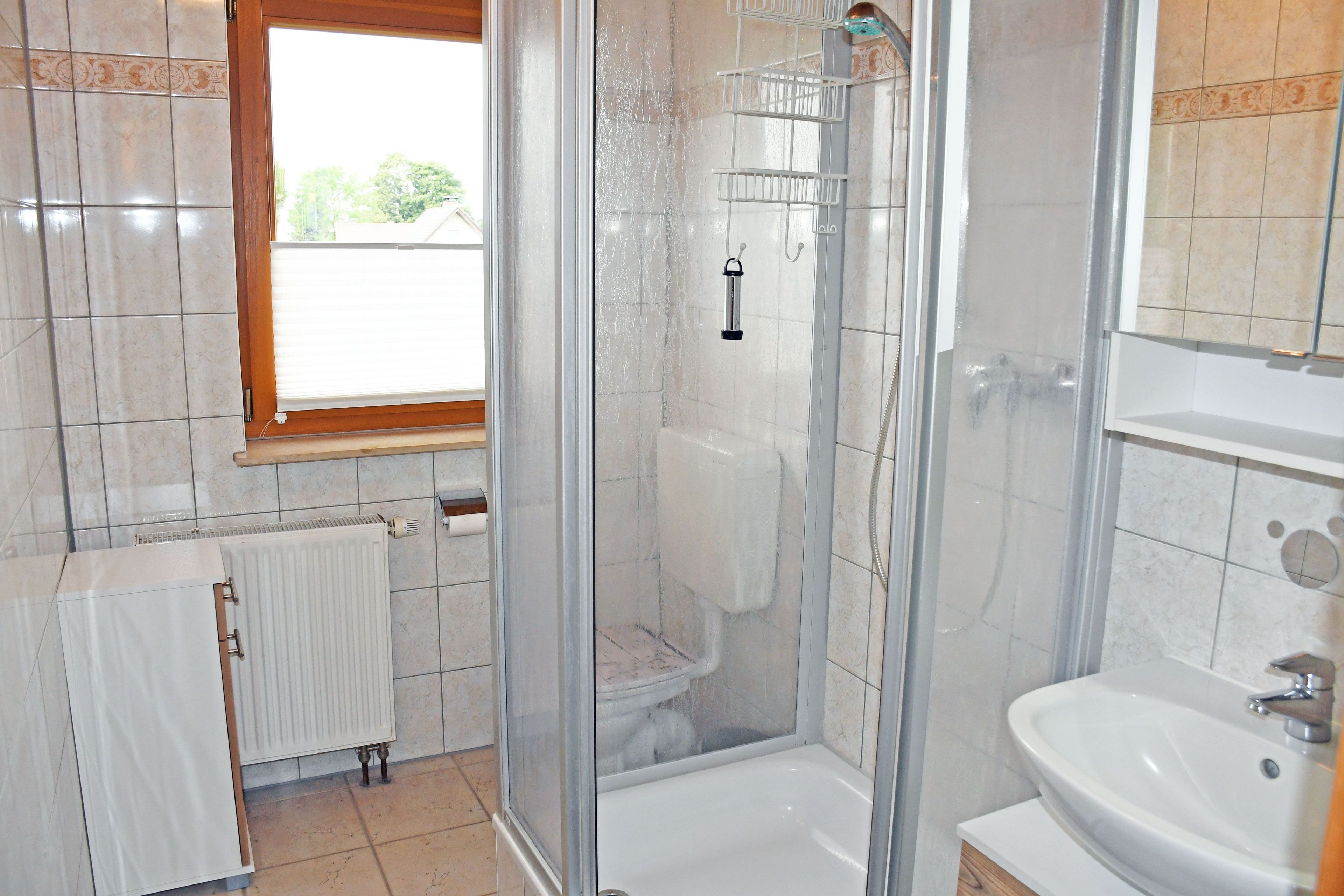 A bathroom with a glass-enclosed shower, a white sink, and a radiator.