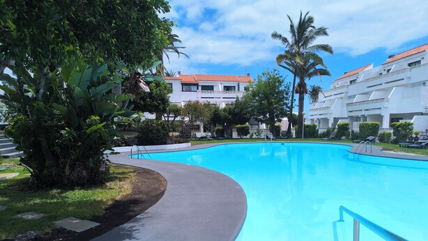 A swimming pool with a curved edge, surrounded by greenery and palm trees, with a building in the background. - Amelia Cancajos: Comfort Swimming pool and beach nearby (Breña Baja)