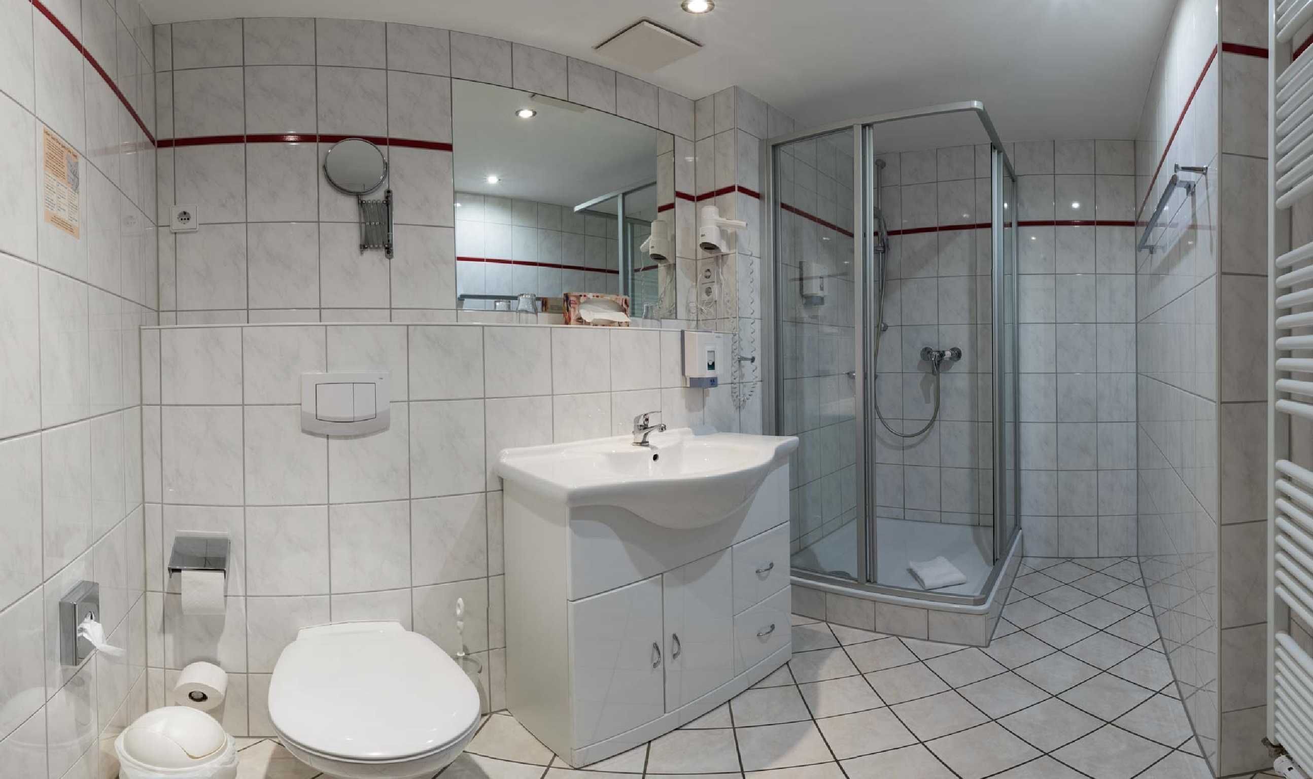 A modern bathroom with a toilet, sink, and glass shower enclosure.