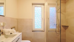 A modern bathroom with a glass shower enclosure, a toilet, and a vanity with a mirror.
