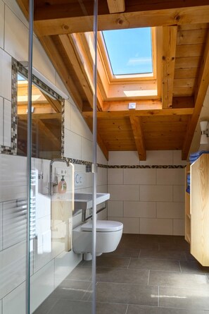 Shower, hair dryer, towels, soap