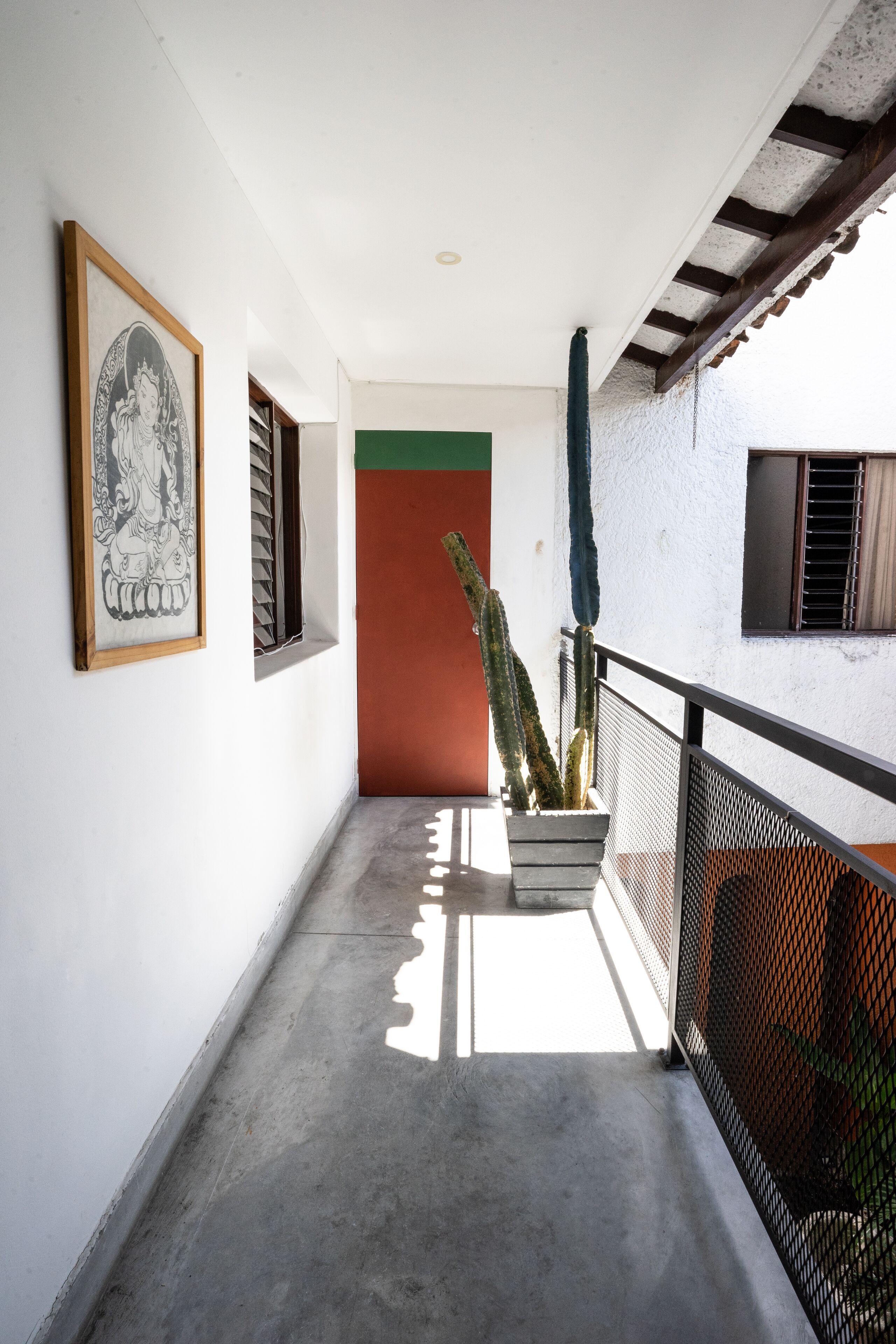 Un pasillo con una maceta de cactus, un cuadro enmarcado y una puerta verde.