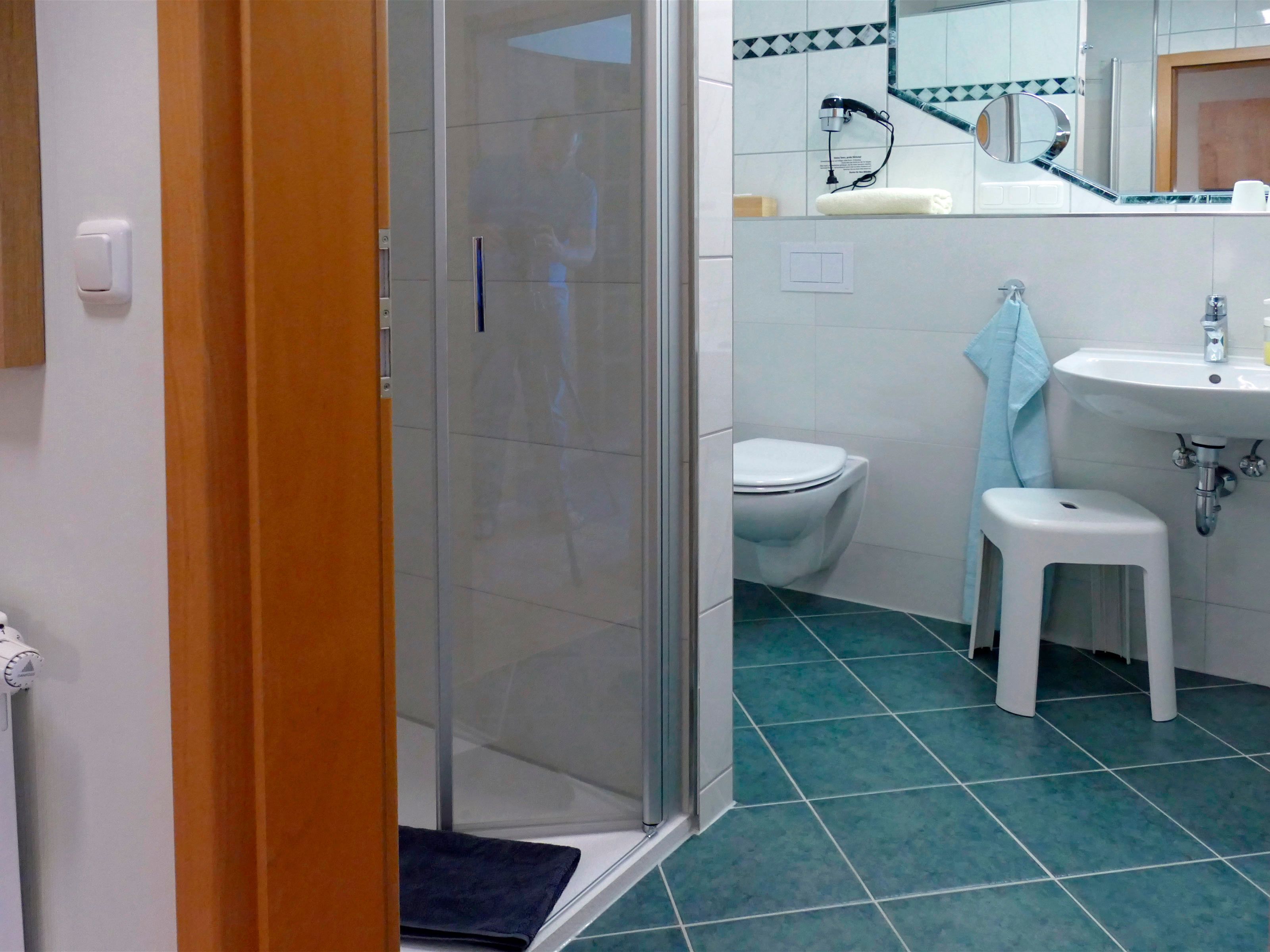 Et badeværelse med bruser, toilet, vask og et spejl.