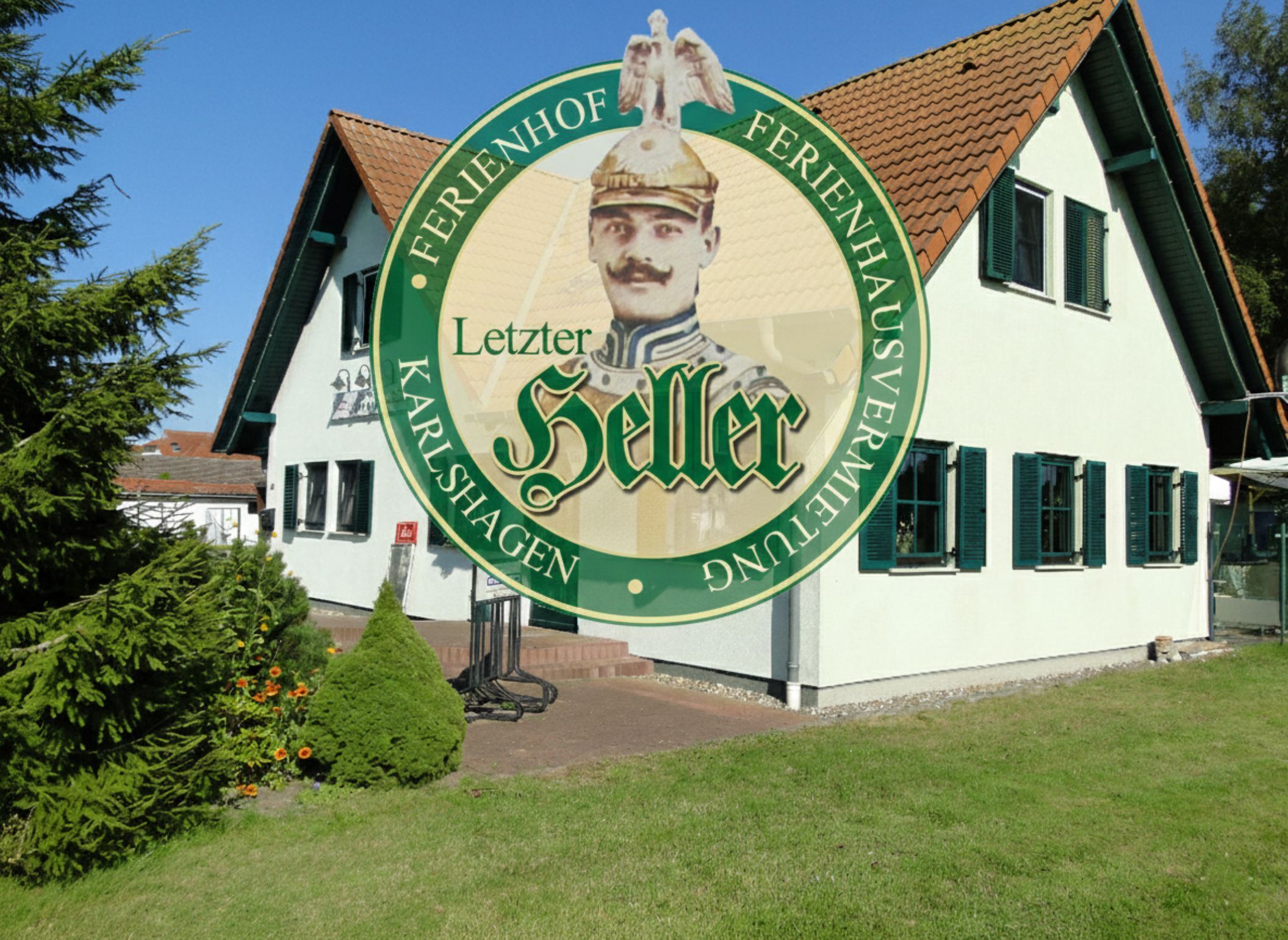 A building with a circular sign featuring a man and the text "Letzter Sellen Karlsruhe".