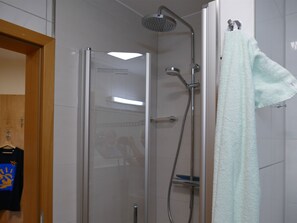 Shower, hair dryer, towels