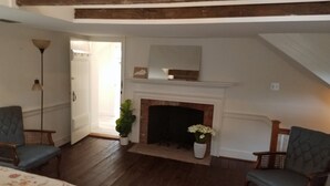 Une pièce avec une cheminée, deux fauteuils, une plante en pot et une porte donnant sur une autre pièce.