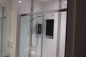 Hair dryer, towels, soap, shampoo