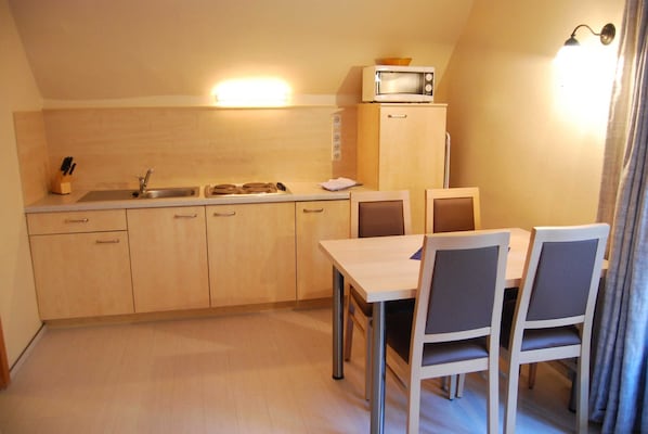 Fridge, microwave, high chair