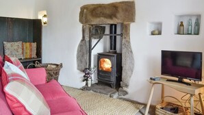 Una sala de estar acogedora con chimenea de piedra, televisor y zona de estar cómoda.