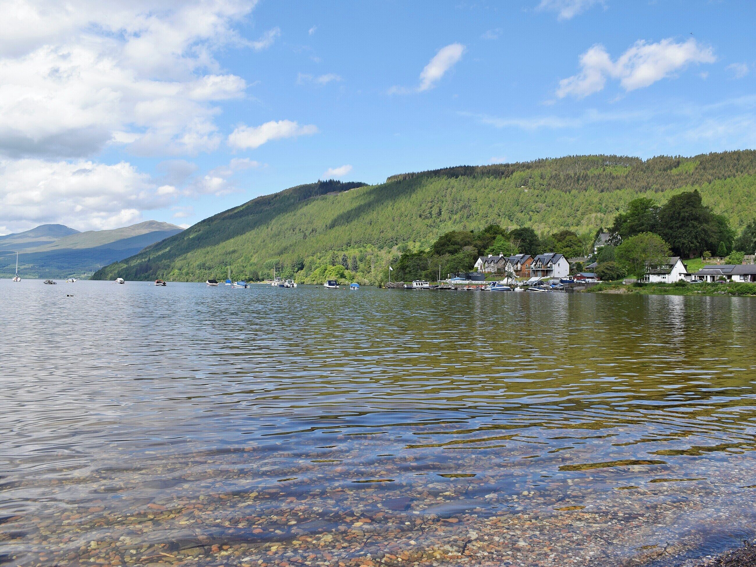 A lake with boats, a forested hillside, and houses along the shore.