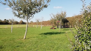 Un campo cubierto de césped con una mesa de picnic y un pabellón.