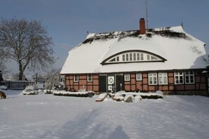 A traditional brick house with a snow-covered roof and a chimney.